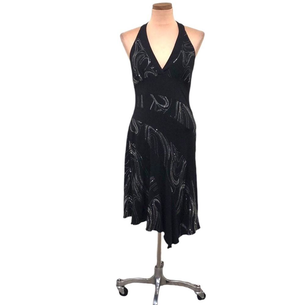 Vintage Midi Dress Size Medium Black Silver Glitter Swirl